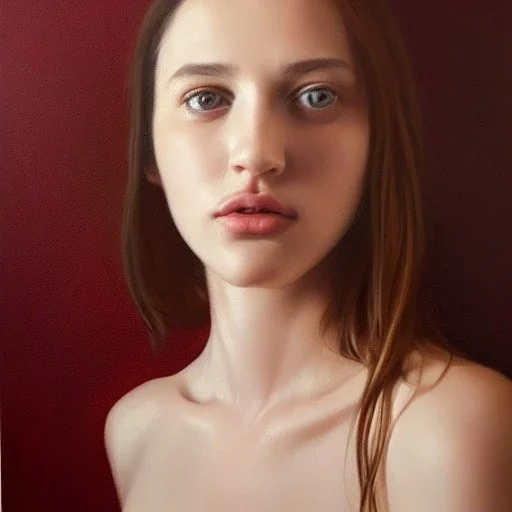  100 % modern conceptual art, realistic portrait oil painting by Kris Knight, of a beautiful 18 year old woman , front view centered 3/4 figure symmetrical and cinematic side lighting, red rimmed eyes with dark cir precise brushstrokes and subtle blended variations in skin color temperature, perfectly proportioned female figure elegantly posed and wears contempory casual clothes, short tangled hyper-realistic detailed jet-black hair with bangs! Perfectly symmetrical facial features ,cgsociety,