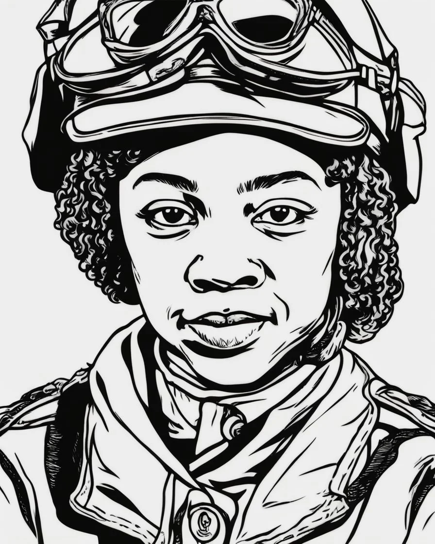 Outline art for coloring pages with Bessie Coleman, white background, sketch style, only use black outline, white background, no shadows and well and clear outline