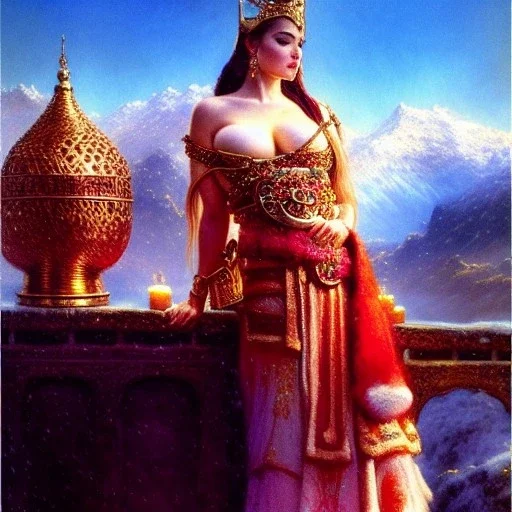 Drawing of beautiful face extra busty viking queen,balcony, view, fire brazier,braids,,snow,castle,mountains,ancient leather armor, balanciaga fashion clothe painting by gaston bussiere, greg rutkowski, yoji shinkawa, yoshitaka amano, tsutomu nihei, donato giancola, tim hildebrandt, oil on canvas, cinematic composition, extreme detail,fit full head inside picture,16k