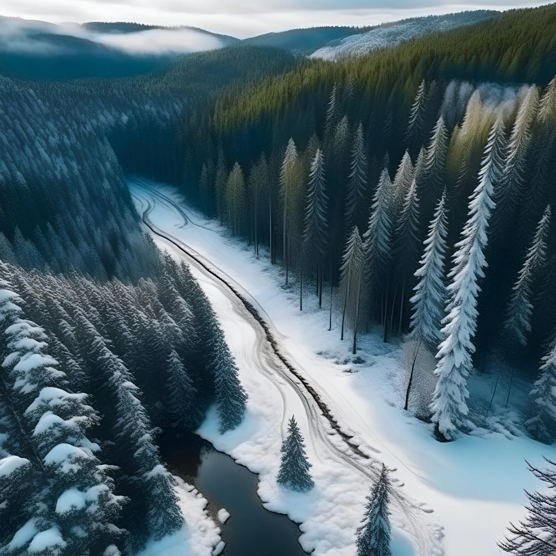 immergrüner, stark verschneiter Waldblick von oben mit kleinem, mäandernden Fluss und leichtem Schneefall, sieht aus wie der Schwarzwald, hyperrealistisch