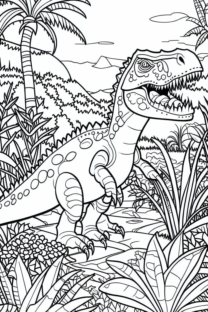 create a coloring page Illustrate a young T-Rex venturing out into its habitat for the first time, exploring its surroundings with curiosity. Kids can color the lush vegetation and other prehistoric creatures they encounter.ink drawing clipart, simple line illustrations, colored