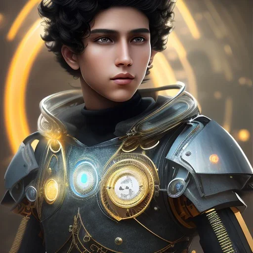 portrait of a teenager tanned boy with curly black hair and amber eyes,steampunk style,8k quality,full body shot, masterpiece, best quality,sparkling eyes, fluorescent skin, colorful makeup, highly detailed body,sun light, 4K, RAW, depth of field, high contrast, realistic details, 24mm