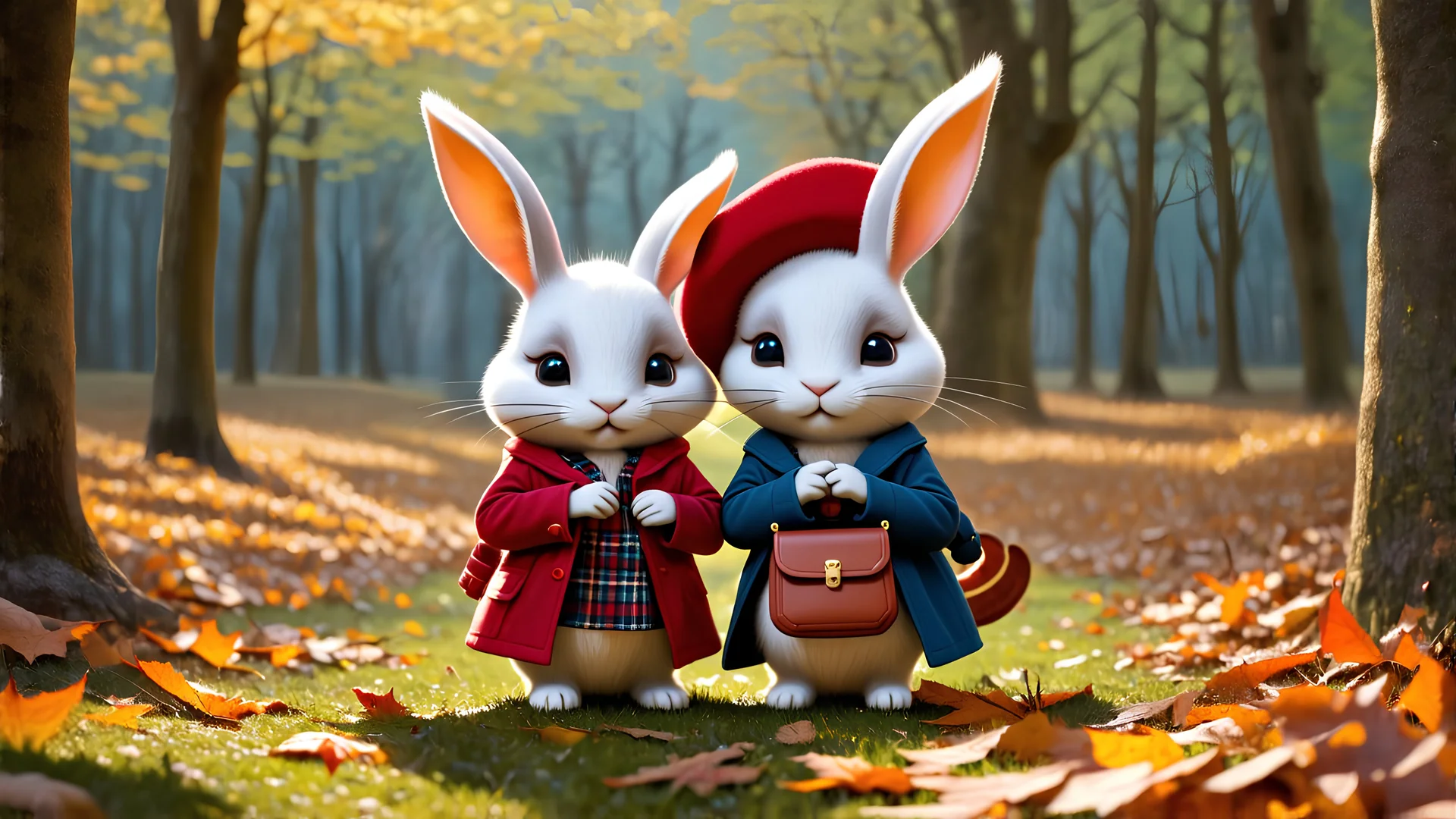 A pair of cute little bunnies wear a long coat, a red hat, a bag, pixar style, personification, sleeping in the garden, fallen leaves, autumn scenery, forest, 4k, popular on artstation, gorgeous, super wide angle