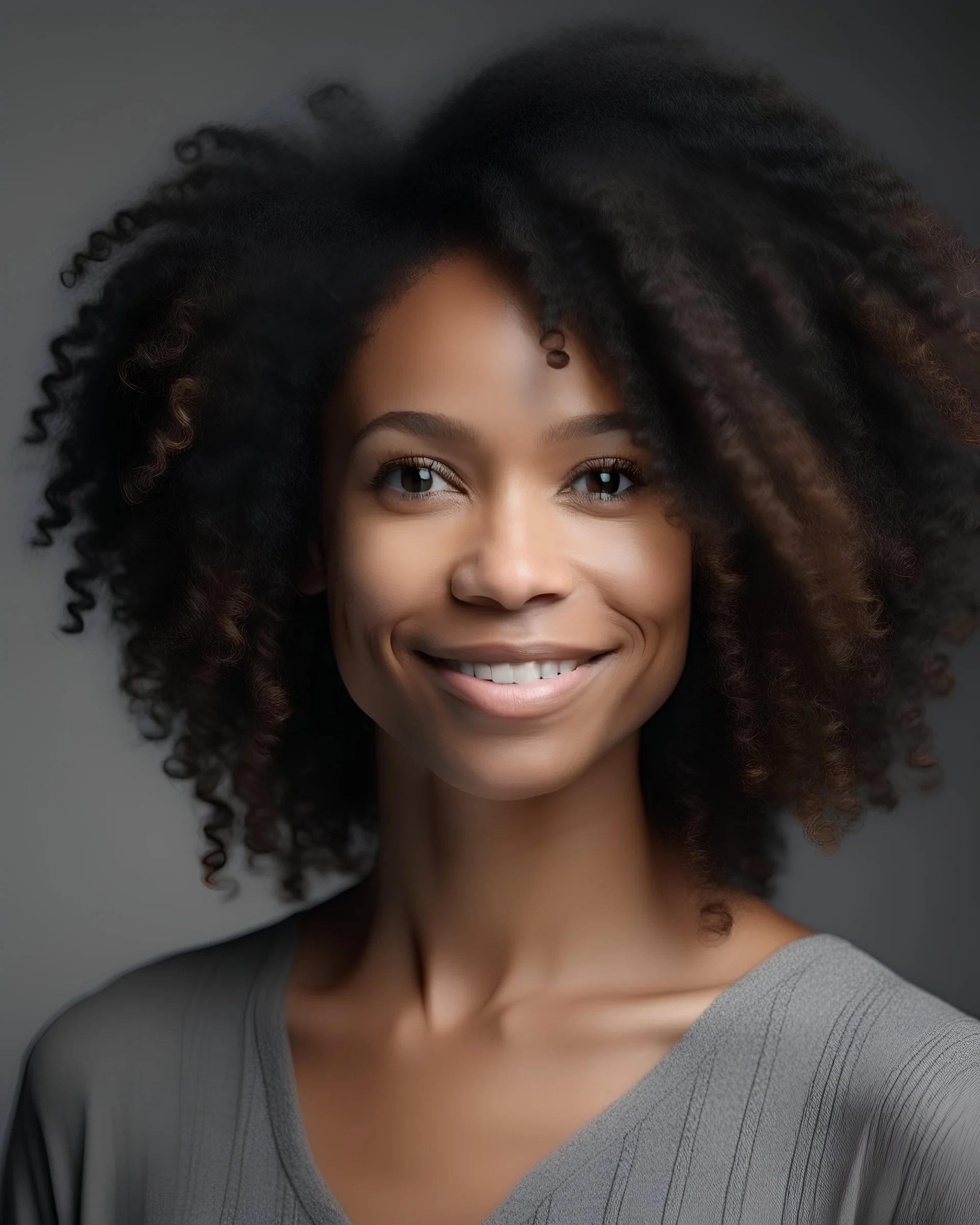 Beautiful African American woman with curly hair on grey background. created by generative AI technology.