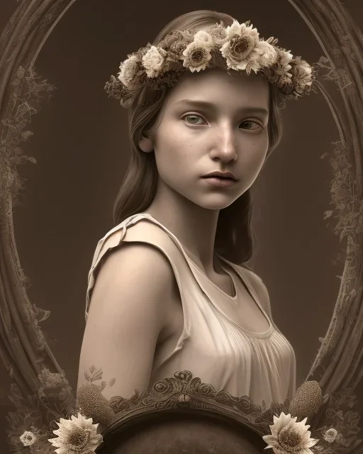 sepia portrait young girl with flower crown sitting on an empty crate, white dress, potholes on road, ramshackle, crow, 8k resolution, high-quality, fine-detail, intricate, digital art, detailed matte, volumetric lighting, dynamic lighting, illustration, 3D octane render, brian froud, howard lyon, selina french, anna dittmann, annie stokes, lisa parker, greg rutowski,