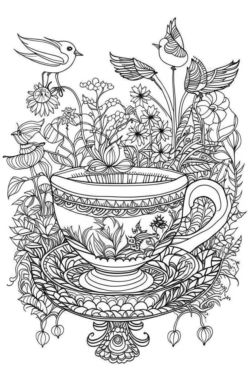 Outline art for coloring page, AVANT GARDE DRAWING TEACUP SET IN A GARDEN, coloring page, white background, Sketch style, only use outline, clean line art, white background, no shadows, no shading, no color, clear