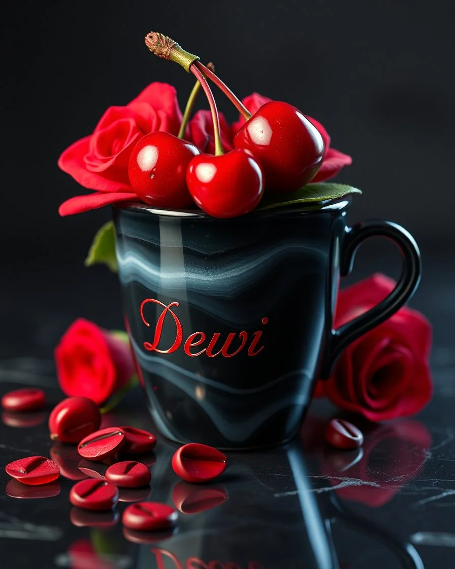 . coffee cup covered with black agate and ruby ​​in the form of cherries, as realistic as possible, 5D, photorealistic,under the inscription the text 'Dewi Cinta' in detail emboss cursive letters, near red roses, ultra dark background HD 64k studio hyperrealism lightning light reflection