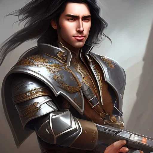 D&D character, male, long black hair, dark tan skin, artificer, holding gun, light armor, chain armor