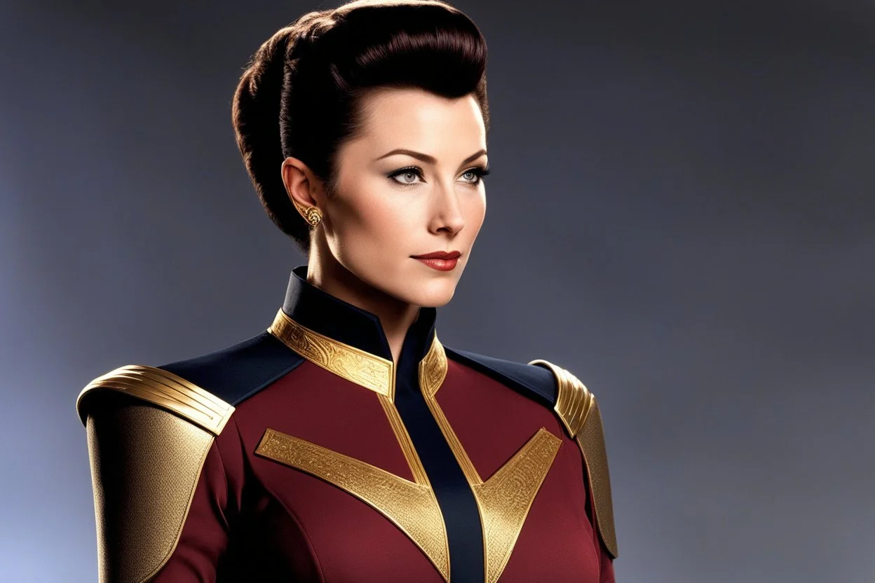 Kira Nerys for the first time, your attention is immediately drawn to her uniform, emblazoned with the emblem of the Bajoran Militia. The black fabric is crisp and clean, accentuating the lean, muscular lines of her body. The gold trimmings that adorn the collar, cuffs, and pockets give the uniform a sense of formality and authority.