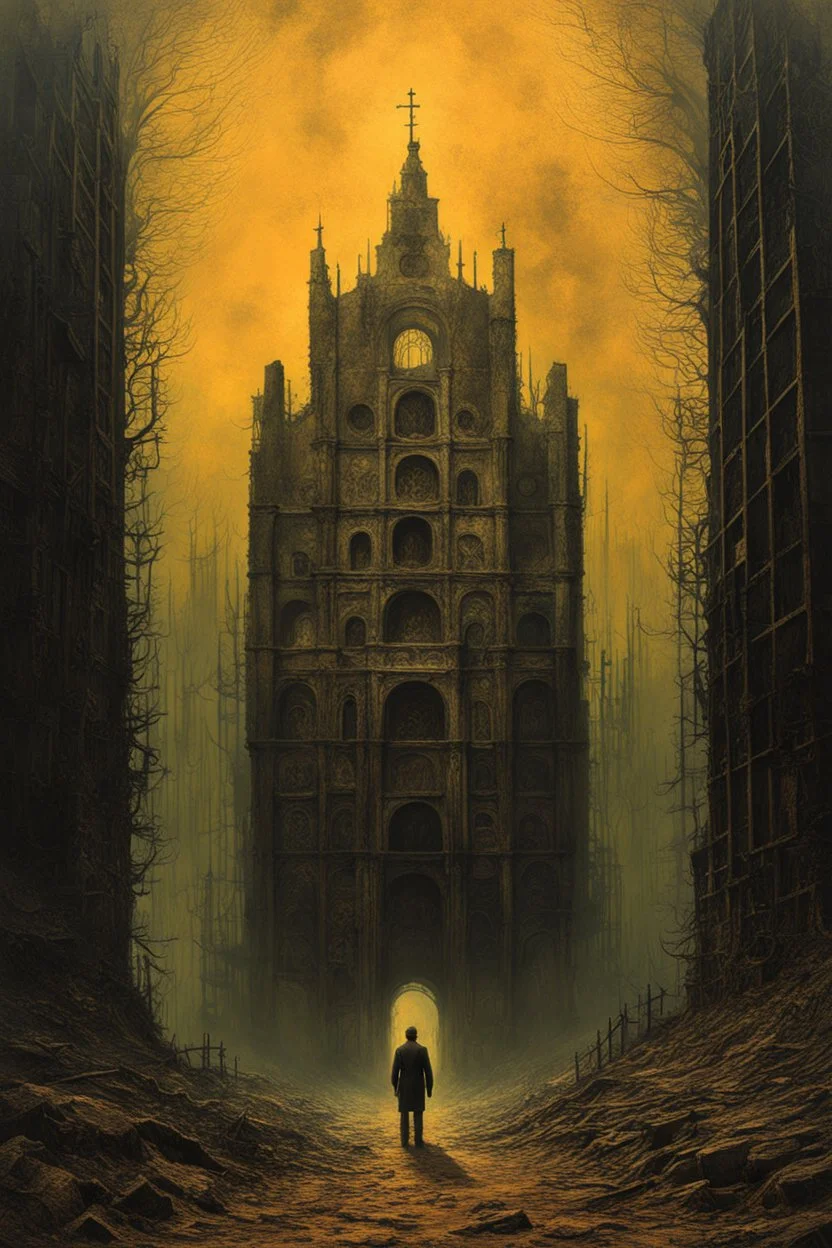 we faltered at the gates of our salvation, our ignorance a burden to heavy for innocence to bear in the style of Zdzislaw Beksinski, otherworldly dystopian aesthetic of decay, highly detailed, 4k