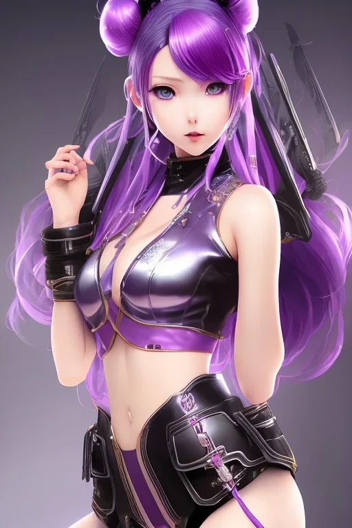 Detailed cute anime Kunoichi girl, purple hair buns, purple bangs, black latex bodysuit, intricate details, full body portrait, keep head in frame, slight smile, black Japanese motif, concept art, highly detailed, digital painting, concept art, sharp focus, illustration, art by Yoji Shinkawa, WLOP and greg rutkowski and alphonse mucha and artgerm and yanjun Chen and Junji ito and Makoto Shinkai, HDR, octane render