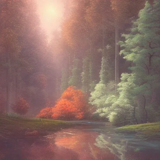  pastel colors, future art , red, orange, white,brown,son, earth, wod, trees, flowers, forest