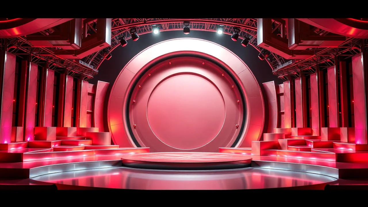 a 3d recursive stage made of metallic color 3d structures, pertty artistc background with a large circular scene