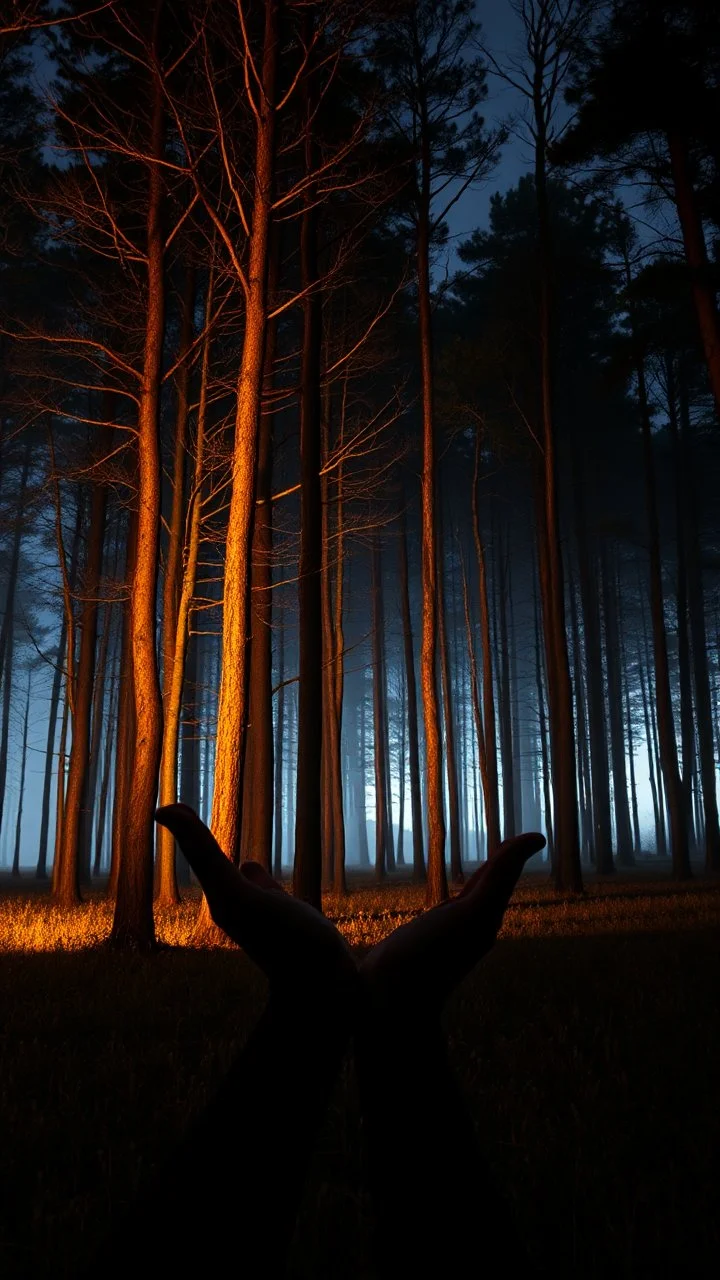 In the woods of hands at night, a of a tree shape, brown skin, night, night, tall, thin field of thousands of hands standing migrating