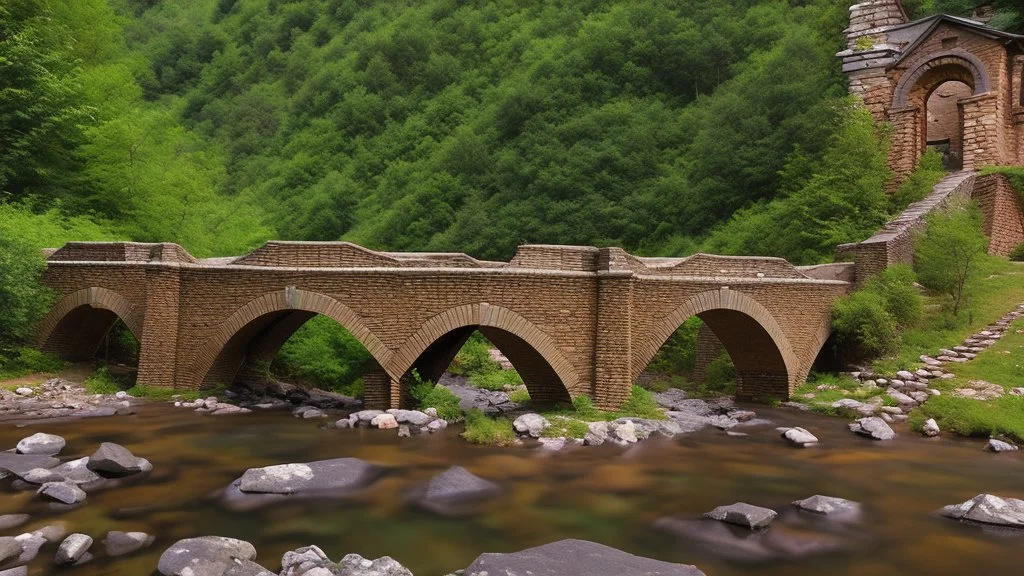 stone and brick bridge across a rocky ravine