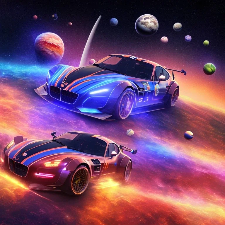 Single extremely detailed realistic sports car (Centered on image), moving on a silk road through the galaxy, symetrical, HD, 4k, 8k, neon glow, Power colors