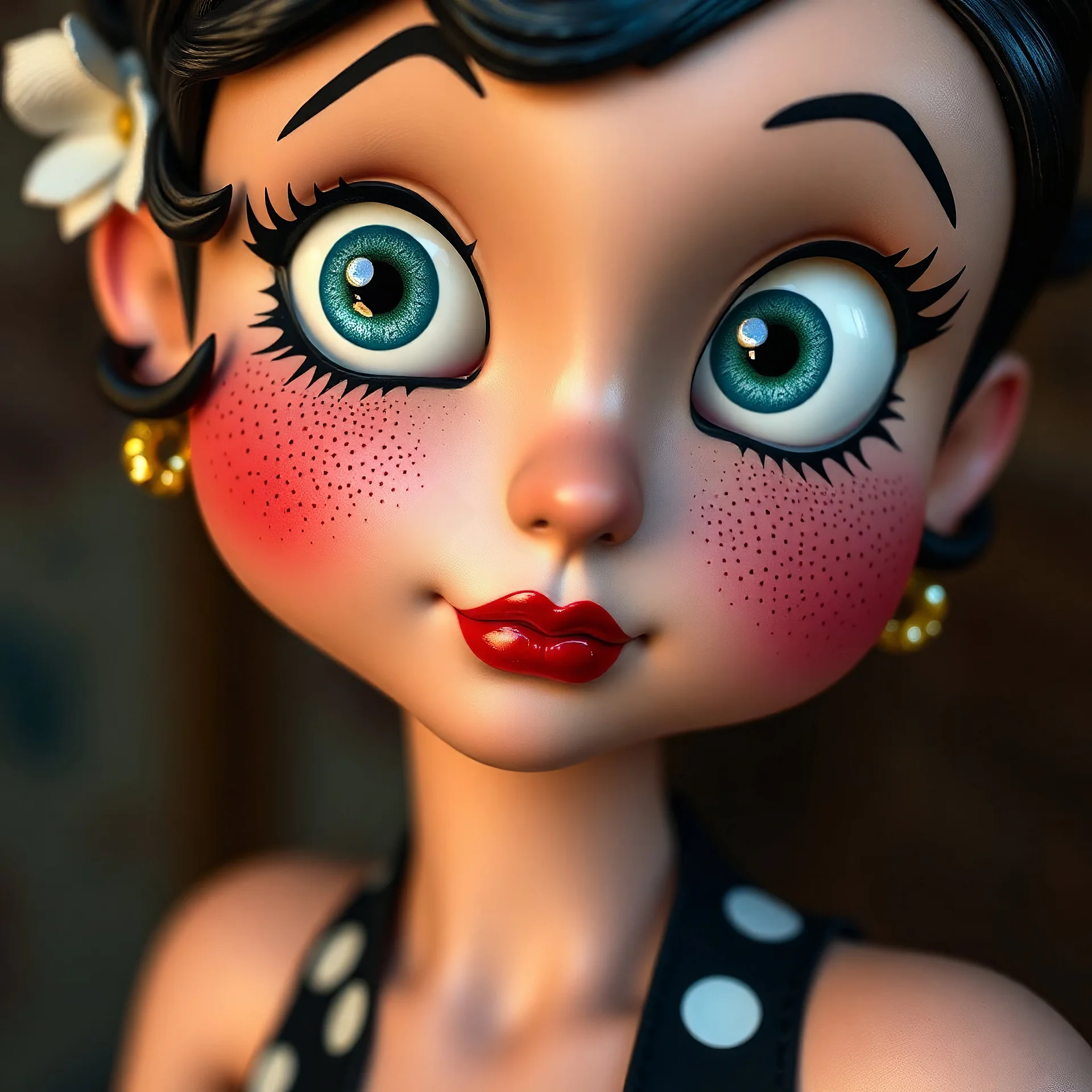 Very realistic close up of betty boop as a human, with freckles