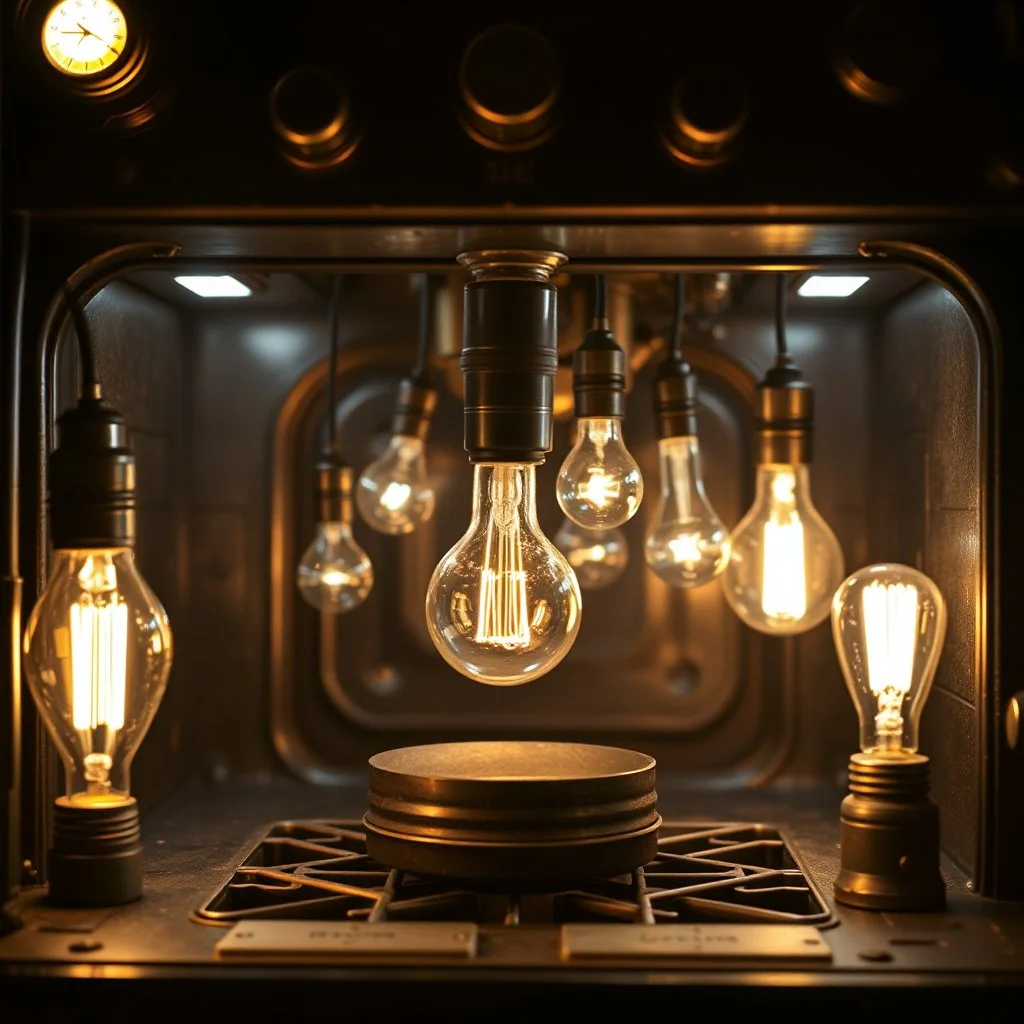 an electric oven made of bulbs of lamps in a steampunk environment