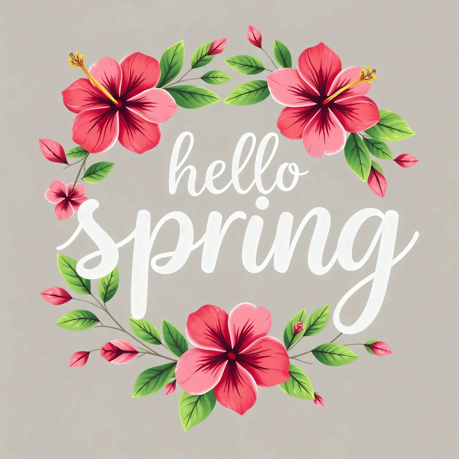 "Illustrate a spring greeting card with 'hello spring' written in playful, cursive letters. The text should be integrated with a floral wreath, featuring hibiscus-style flowers and rich green foliage."