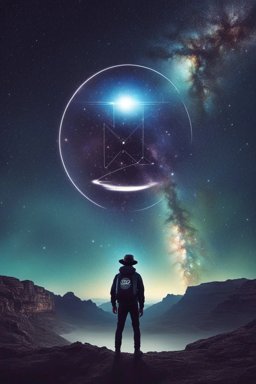 Supernova overlooking a city in the Milky Way galaxy with a person wearing a hat and a backpack with the Shift logo on it