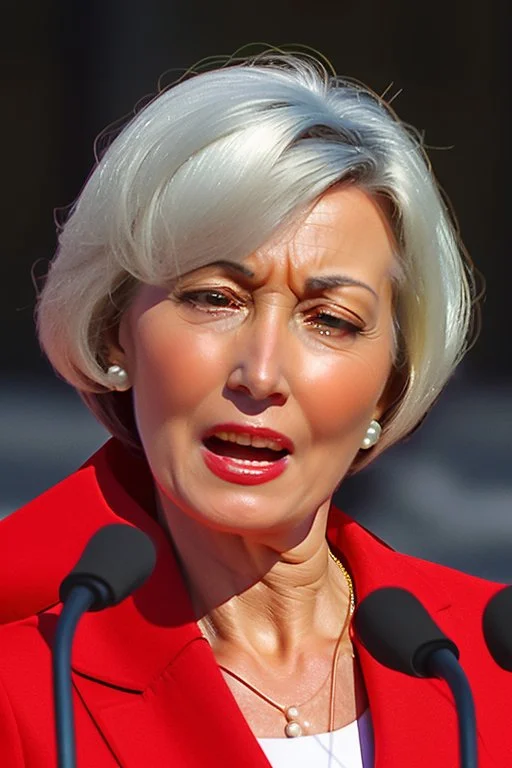 A preety woman in her early 50s having a presidential speech in front of a huge building