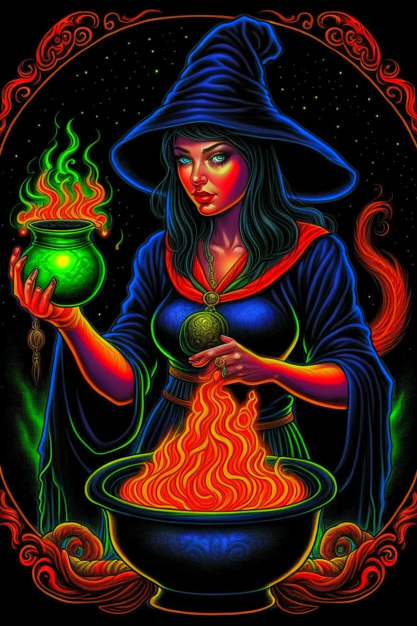 Witch with glowing bubbling cauldron tattoo design, traditional tattoo style, t-shirt design, fantasy art, digital painting, clean dark background, 8K by R. crumb, Todd Schorr, Robert Williams, Alex Alemany