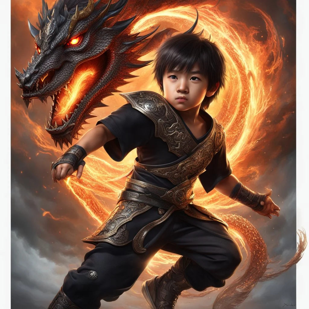 Fhoto full body, reality, Raw, little boy Asian riding a cyborg dragon, warrior, super magic storm and fire, mortal combat, light eye, very angry, digital art, sword, intricate details, powerful composition, captivating, wearing a black t-shirt, there is the word "Sulthan" on the t-shirt, artstation, sharp focus, studio photo, intricate details, highly detailed, by addiedigi