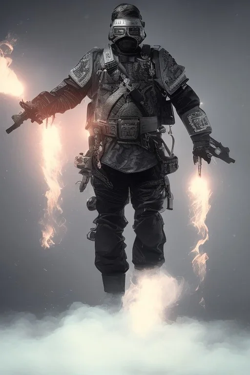 All Black Russian soldier, wearing high tech mask, white smoke, dark, rage, sorrow, high definition, ultra 8 k, volumetric lighting, blue fire, fog