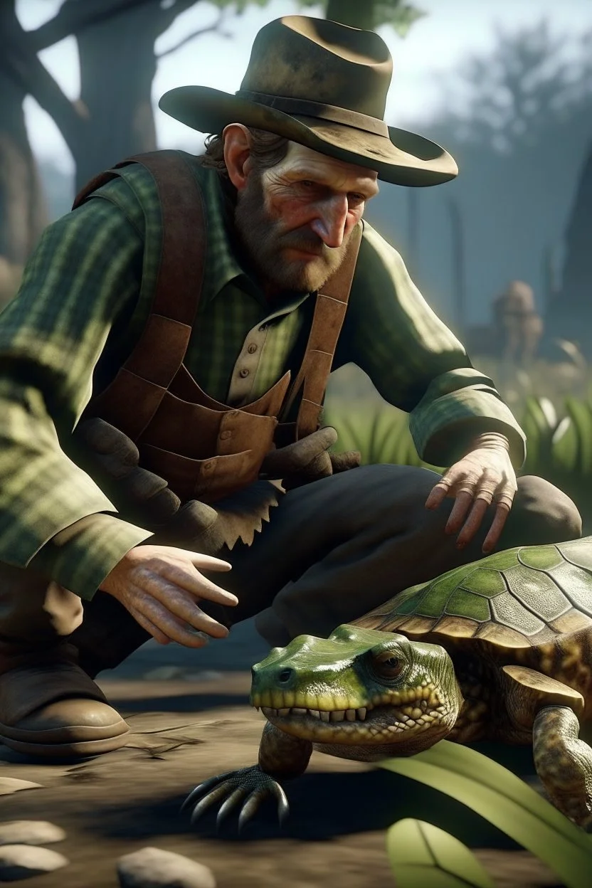 Arthur Morgan playing with a turtle.