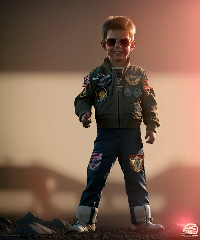 Top gun, Tom cruise toddler, full body, dramatic lighting, hyper realistic