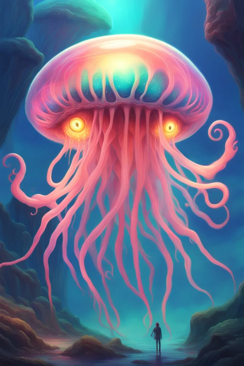 DALL-E 3 P: P: A stunning oil painting in anime style depicting a scary yet colorful creature with translucent, luminous qualities like a jellyfish. The creature has many detailed, iridescent eyes, multiple arms, and large ears. This creature is set against the backdrop of an incredible alien paradise planet at sunset, with vibrant colors and exaggerated perspective. The masterpiece showcases mother of pearl iridescence and holographic whites, creating a terrifying and horror-like atmosphere. Th