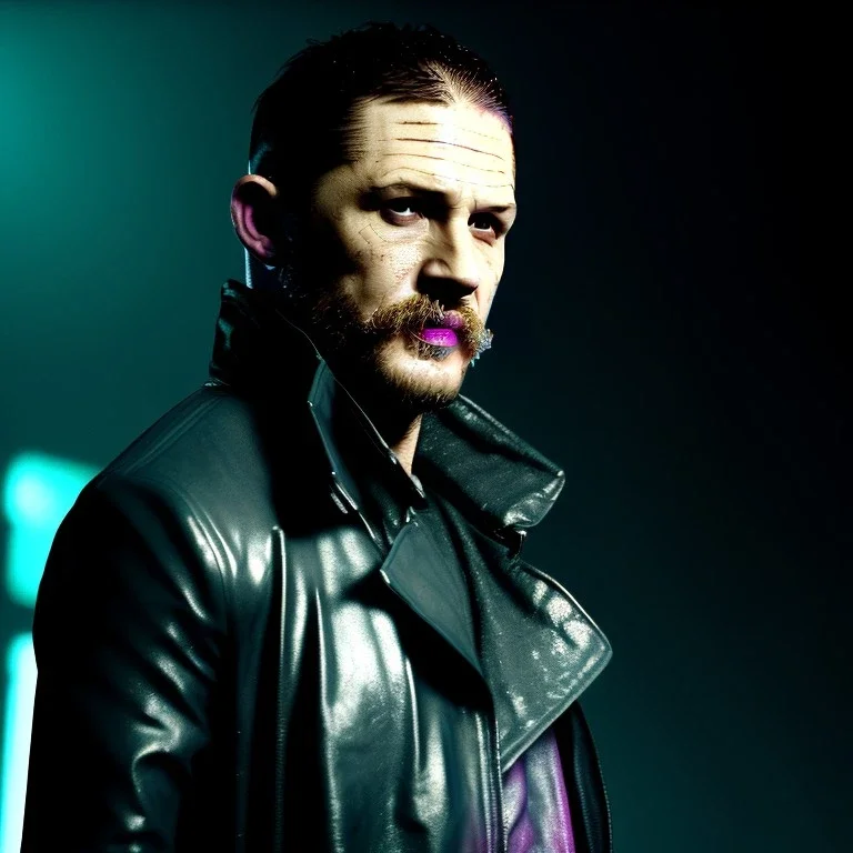 Actor, tom hardy, blade runner style, rain, fog, neon ambient, gradient color, clean skin, circuits, latex coat, cyber punk, neon, tubes, portrait, studio photo, unreal engine 5, smooth color, 16 bit, god lights, ray tracing, RTX, lumen lighting, ultra deatail, volumetric lighting, 3d, finely drawn, hd.