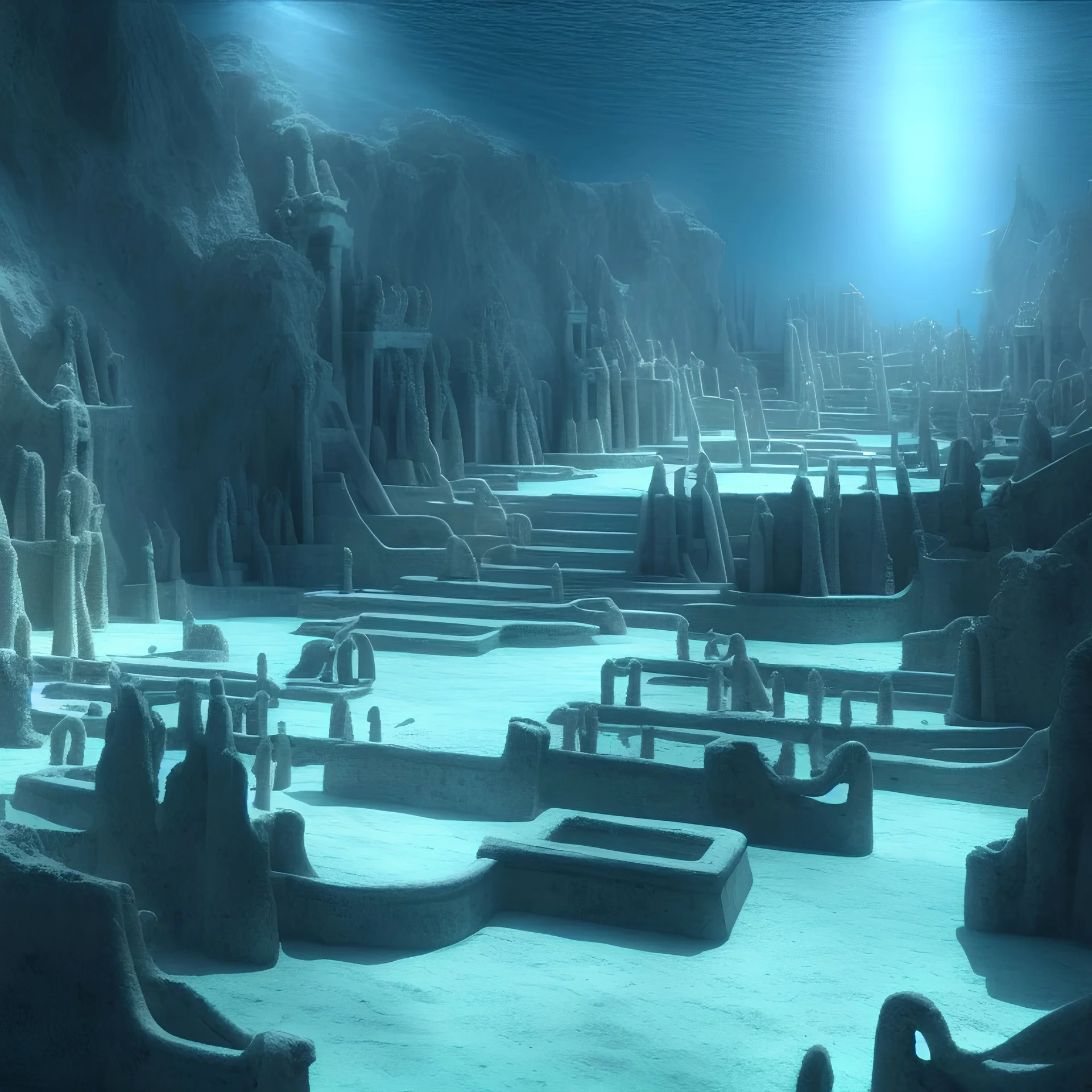 lost underwater city, Poseidon, highly detailed, cinematic, ultra photorealistic, ultra realistic, volumetric lighting, sun shafts, spectral