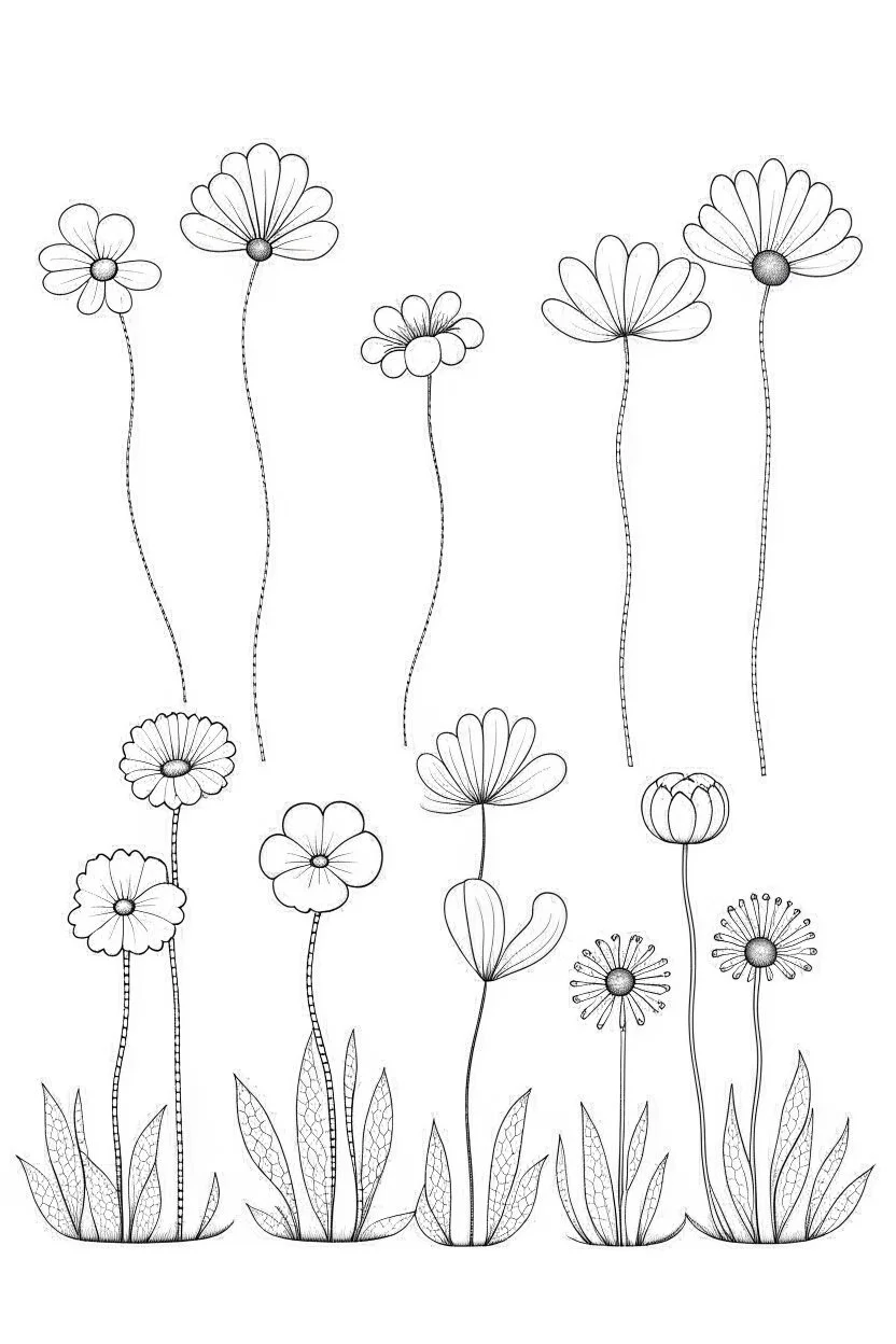 set of growing wind flower on the grace, SIMPLE ONE lineS art, white background, minimalis, different view, only white bakcground solid.