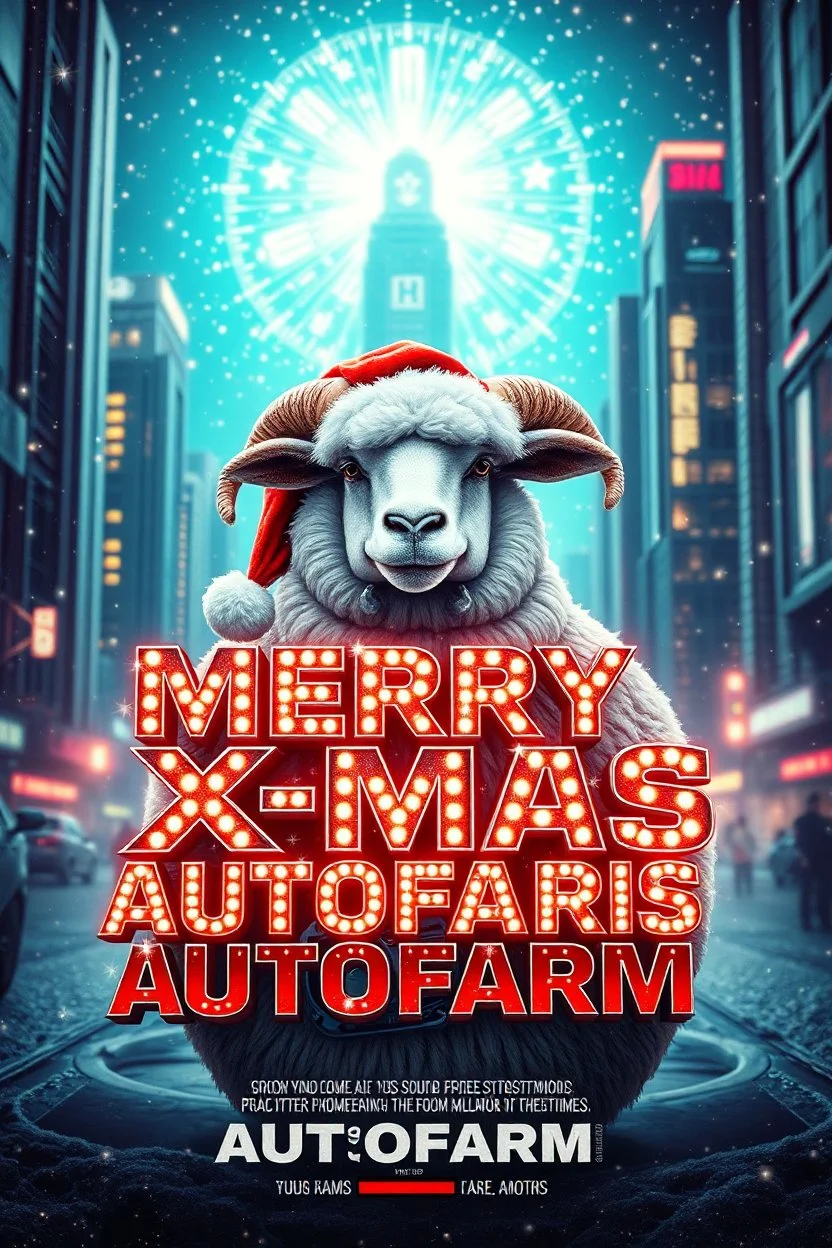 "Design a hyper-cheesy, 1990s-style movie poster featuring a flamboyant, festive sheep with jolly Santa characteristics, inspired by the intense, futuristic aesthetic of 'Terminator 2.' Display 'Merry Xmas Autofarm' prominently in bold, metallic letters, surrounded by dazzling lights, glitter, and festive decorations. Incorporate elements like a cybernetic Santa-sheep hybrid, complete with robotic details, against a backdrop of twinkling Christmas lights and an epic, futuristic cityscape. Use br