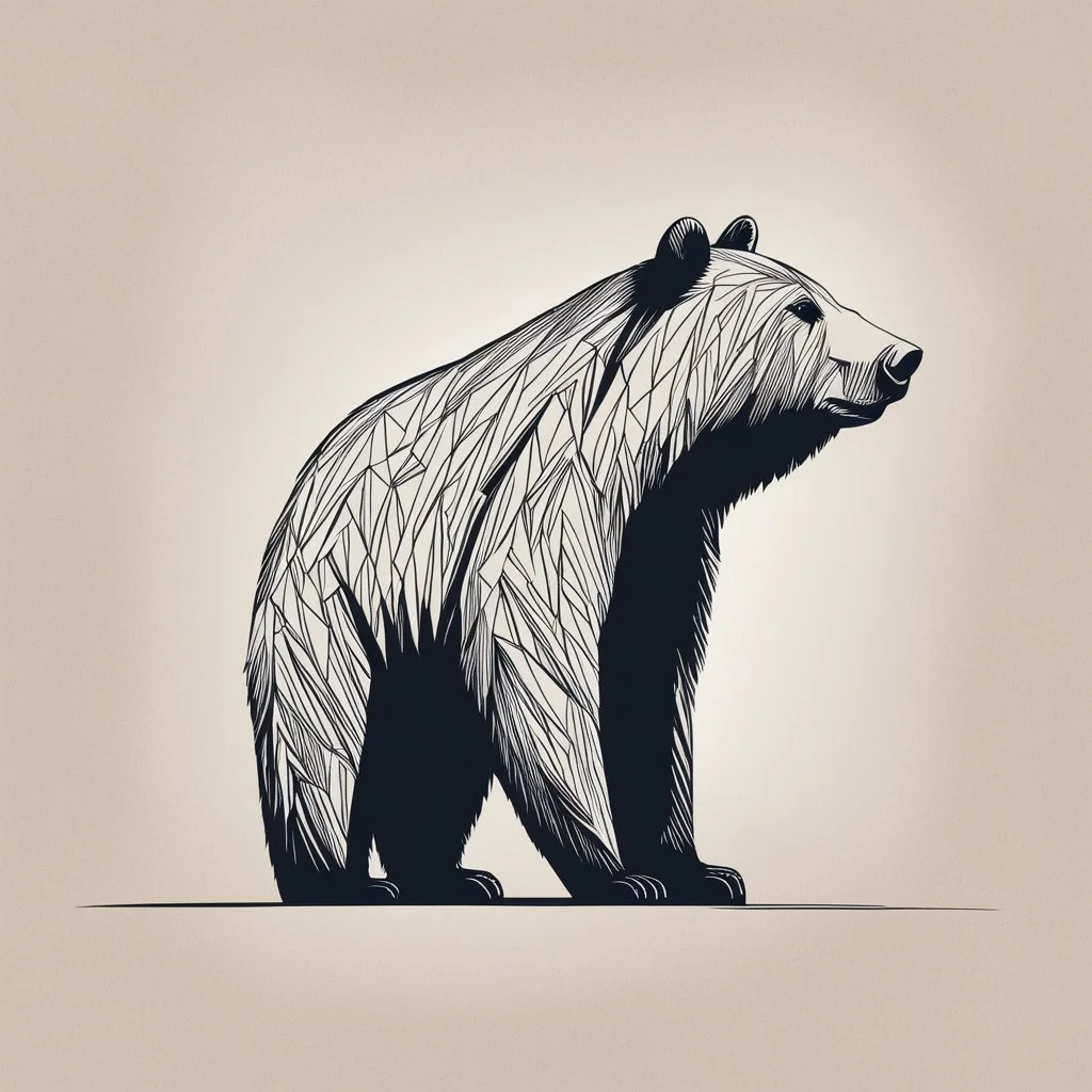 sharp lines silhouette of a bear, letterpress style, minimalistic high contrast pencil art