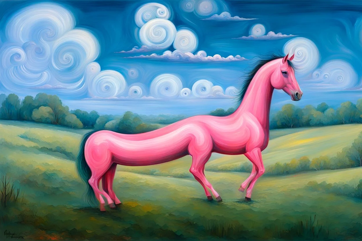 strange Big pink plastic horse.19th painting