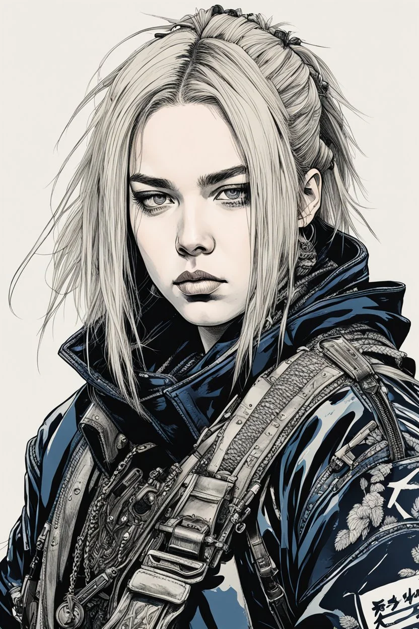 Billie Eilish as a goth punk mercenary huge girl, illustration by Yoji Shinkawa and Katsushika Hokusai, finely detailed facial features, finely drawn and inked, 4k, symmetric, hyperdetailed , obsidian and metallic blue tones