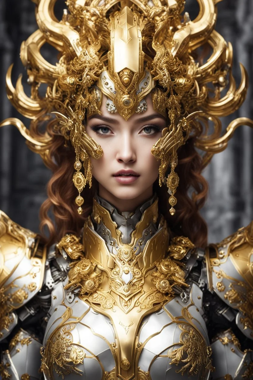 Half body Facing front Gorgeous Photography Beautiful Medusa Queen Cyborg dressing Armor Mecha Robo Golden and jewelry,luxury ornaments background