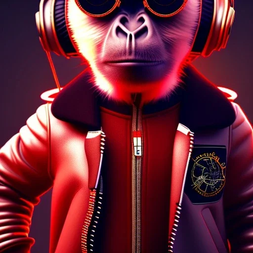 Monkey toddler, steampunk headphone, sunglass, gangsta neckless, full body, red leather jacket, tokio background, dramatic lighting, hyper realistic, unreal engine 5, 16k