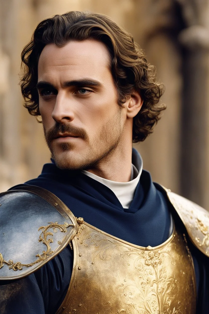 Joaquin Phoenix from year 2000, draped waves haircut, in medieval setting, in medieval armor colored back and gold