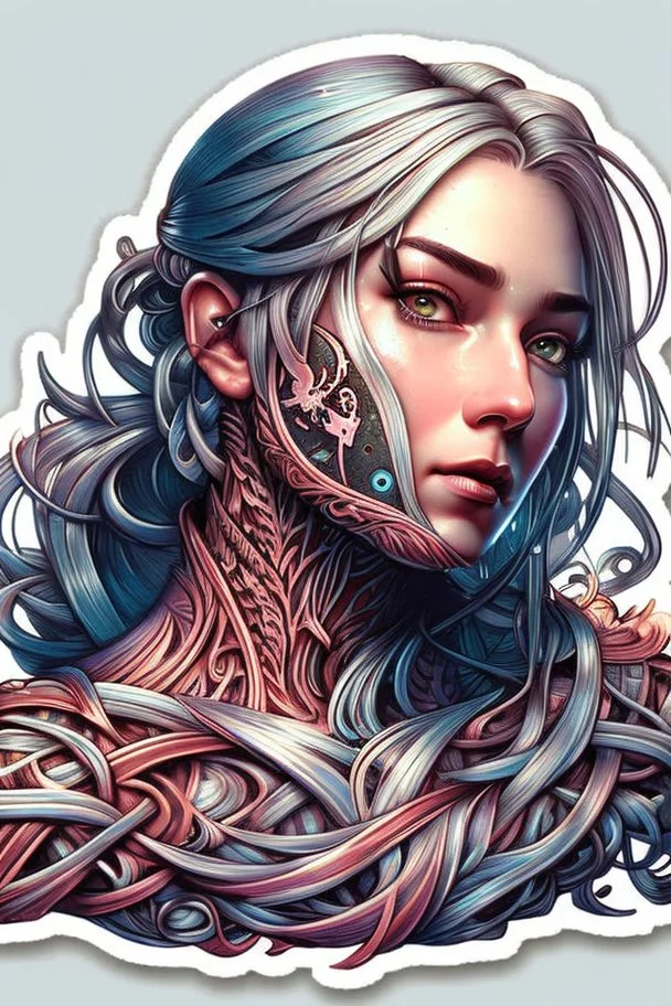 a sticker with a drawing of a woman's face, cyberpunk art, inspired by Marco Mazzoni, Artstation, fantasy art, fractal veins. cyborg, in the style dan mumford artwork, girl with plaits, beautiful detailed body and face