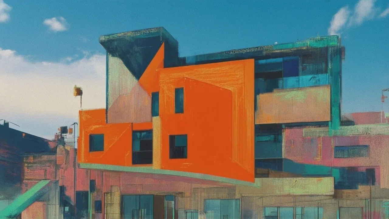 cyberpunk, A modern abstract building with bold orange and blue geometric shapes against a blue sky background, vaporwave, neon colors, science fiction, detailed scene