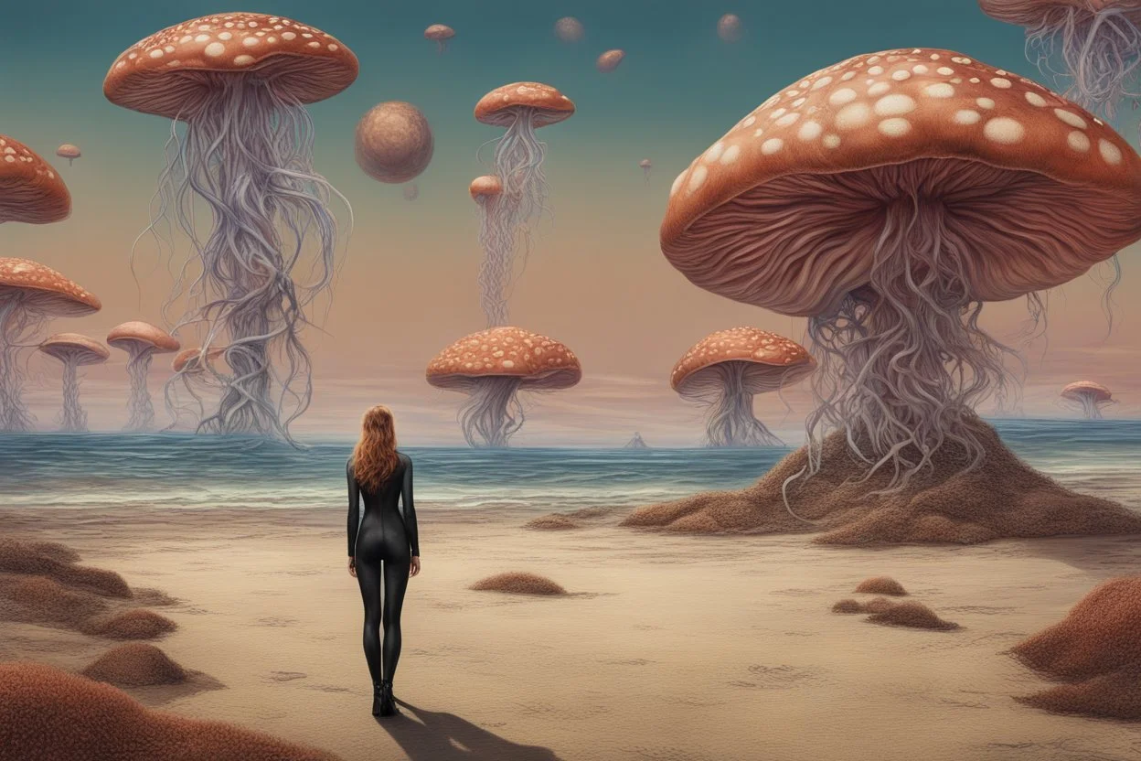 woman in a catsuit, standing on a beach of an alien world, watching mushrooms with jellyfish tentacles in the sky, photorealistic, Deep Colour, Fantastical, Intricate Detail, sunshine