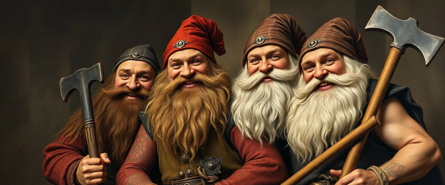 pin hole cam, master oil painting by Rembrandt, family portrait of smiling bad ass warrior clad muscle sturdy buildt deep dwarves in fine clothes and with pickaxes laughing