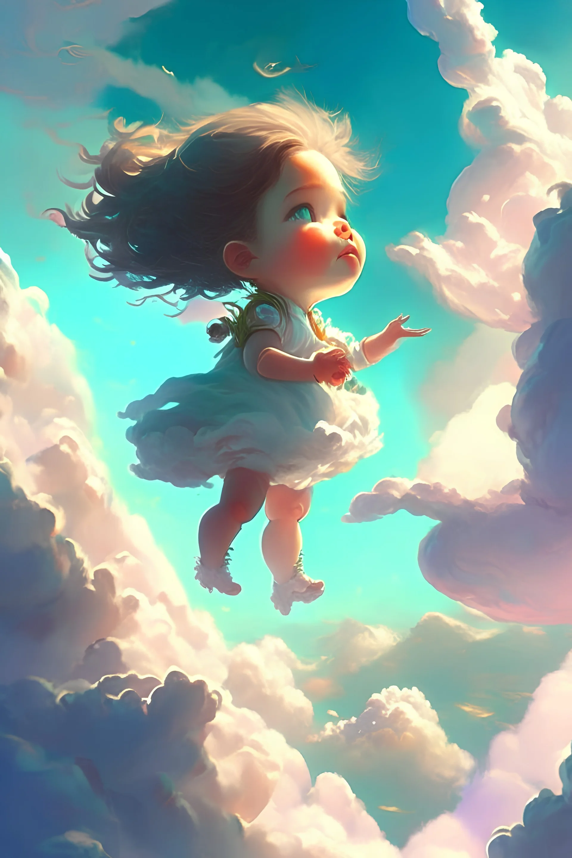 Beautiful girl descending from the sky, inspired by science fiction, green leaves above the clouds, view from above, beautiful sunrise, dense white clouds, small and cute baby standing holding a doll, splash screen, complementary colors, fantasy, concept art, 8k resolution, masterpiece Artistic inlaid with everlasting, fiery