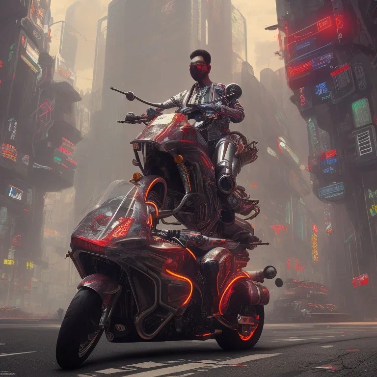 cyberpunk far way man in kaneda bike, highly detailed global illumination, detailed and intricate environment