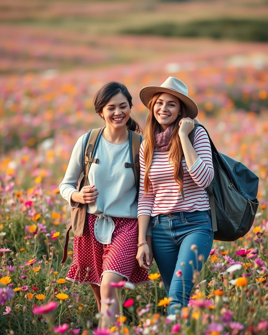 young sweet couple bagpacker adventurer fashion style happy walking and smiling in Realistic photography of a field of wildflowers, soft natural lighting, vibrant colors, intricate details,peaceful and serene atmosphere.