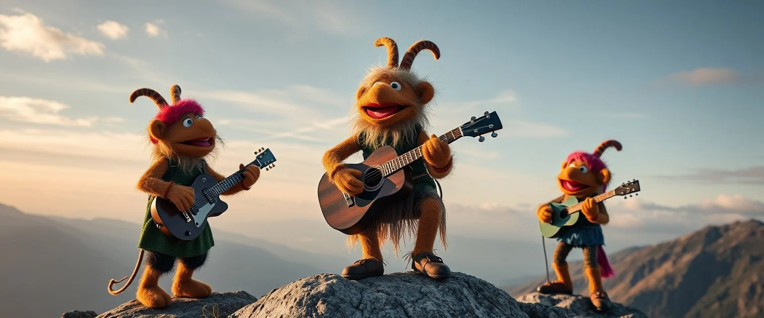 masterfully Gnoll muppet puppet band all playing on one huge enourmous big guitar on the top of ben alder mountain in scottland