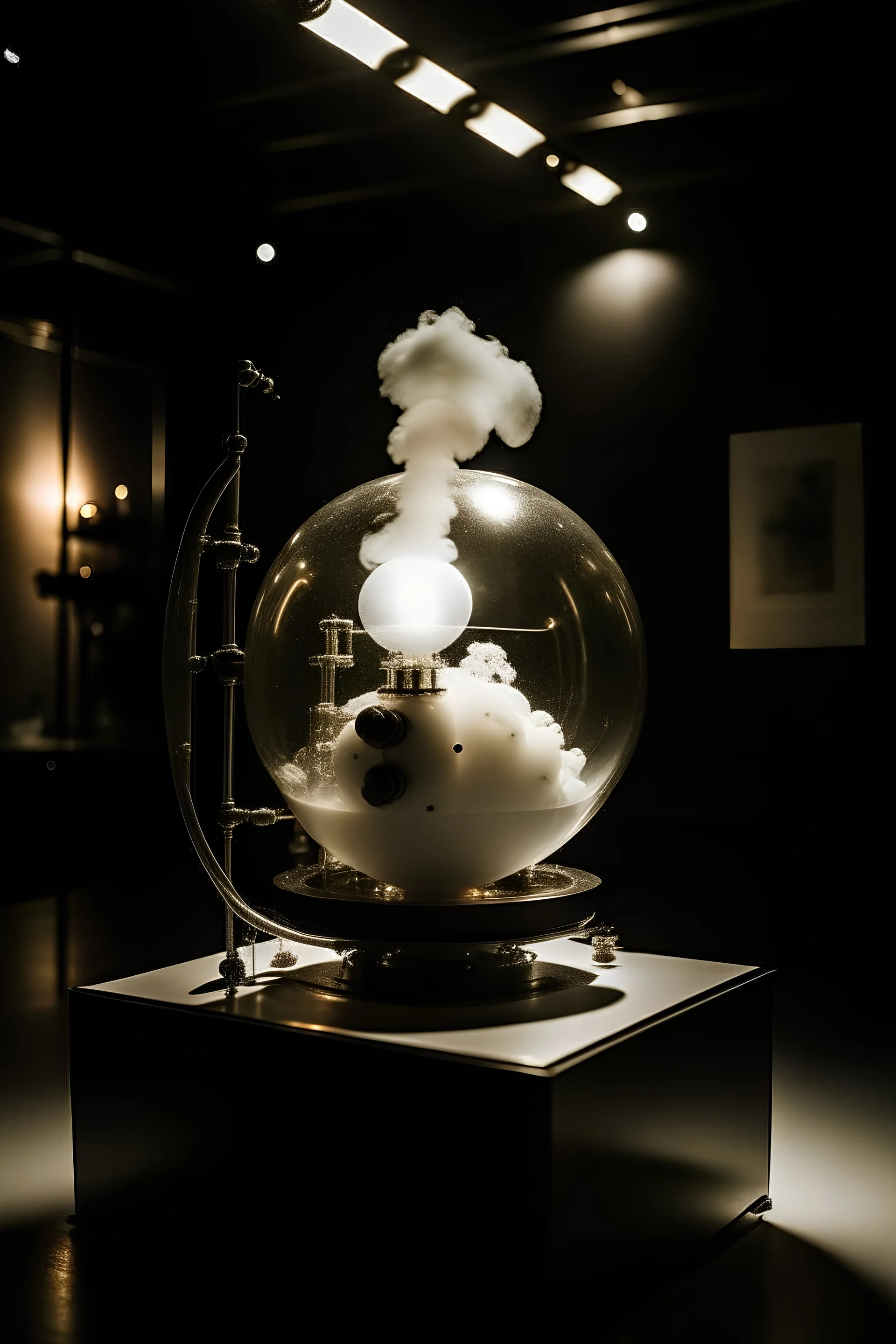 masterpiece, a simple glass machine that generates love, dadaism, number 42 in sphere, armillary sphere, ink, smoke, standing in a white loft art exhibition, modern art gallery in background, all in white, smoke in the background, all in white and glass, bright flickering lights, 35mm film, hyperrealistic photography, award winning art, tiny gimicalmas glass details in the foreground, natural lighting, amazing composition, subsurface scattering, amazing textures, soft light, bokeh, vivid, vibra